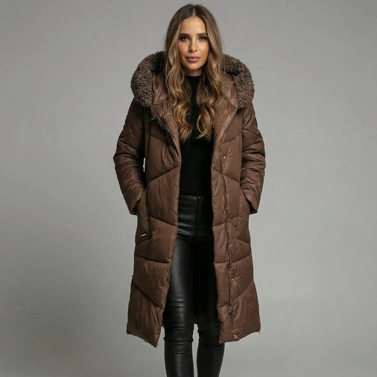 Women's Long Padded Parka with Faux Fur Hood