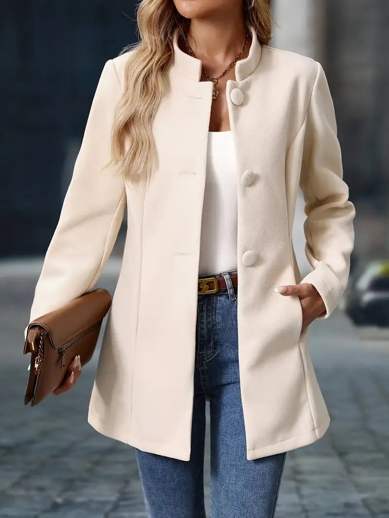Women's Tailored Stand-Collar Coat with Covered Buttons