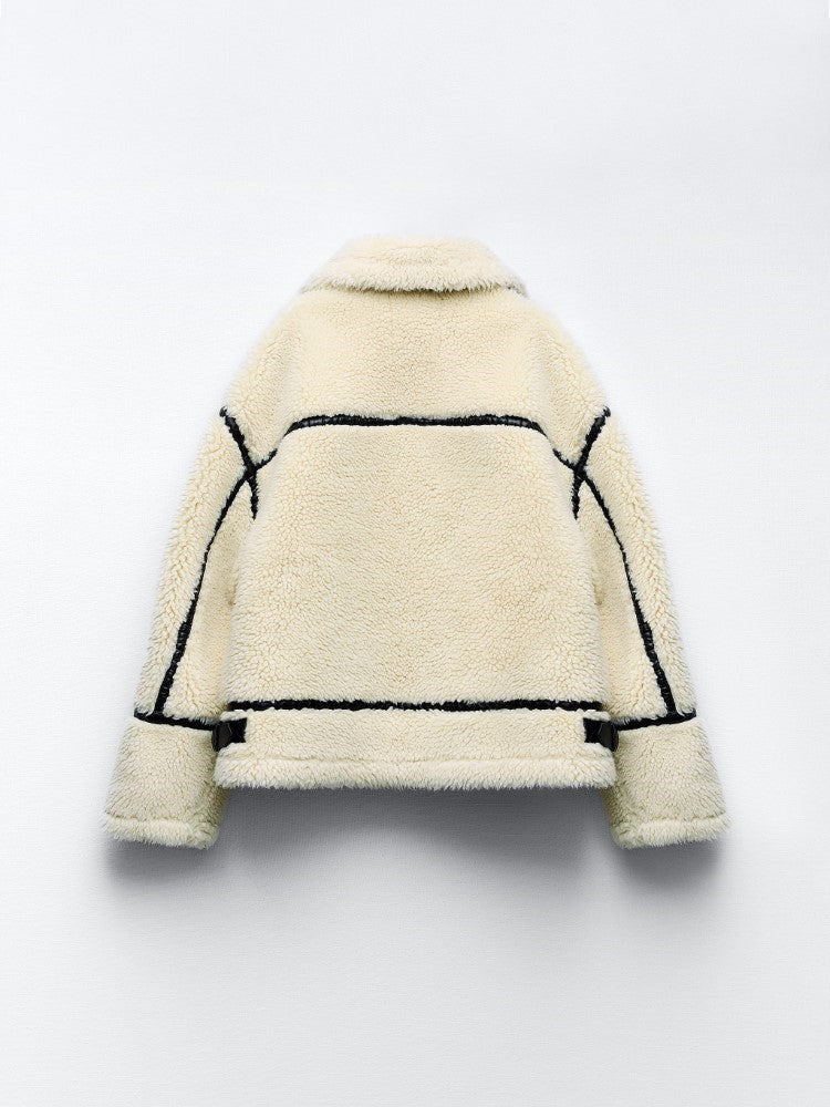 Women's Teddy Fleece Aviator Jacket with Contrast Piping