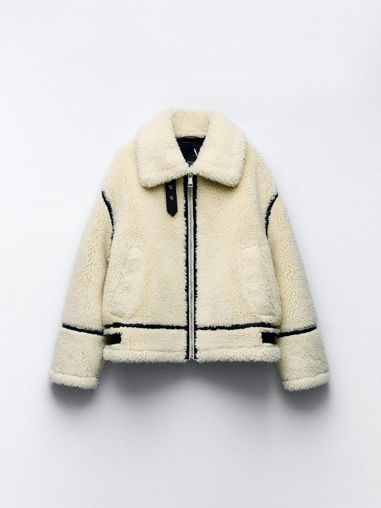 Women's Teddy Fleece Aviator Jacket with Contrast Piping
