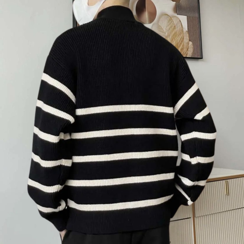 Men's Striped Ribbed Knit Quarter-Zip Sweater