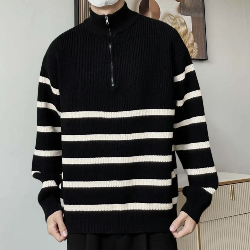 Men's Striped Ribbed Knit Quarter-Zip Sweater