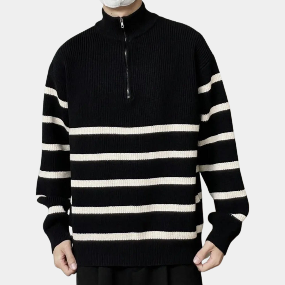 Men's Striped Ribbed Knit Quarter-Zip Sweater