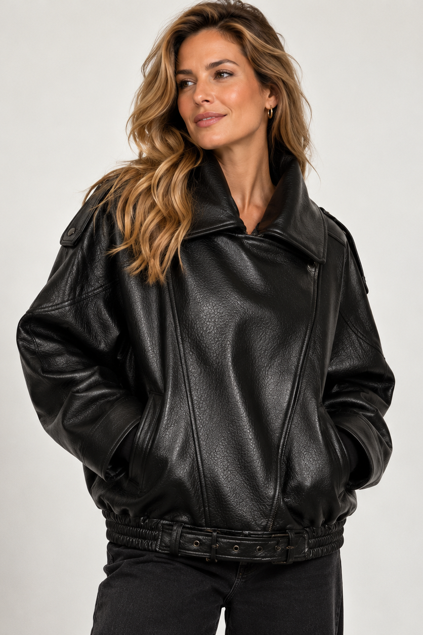 Women's Oversized Faux Leather Biker Jacket