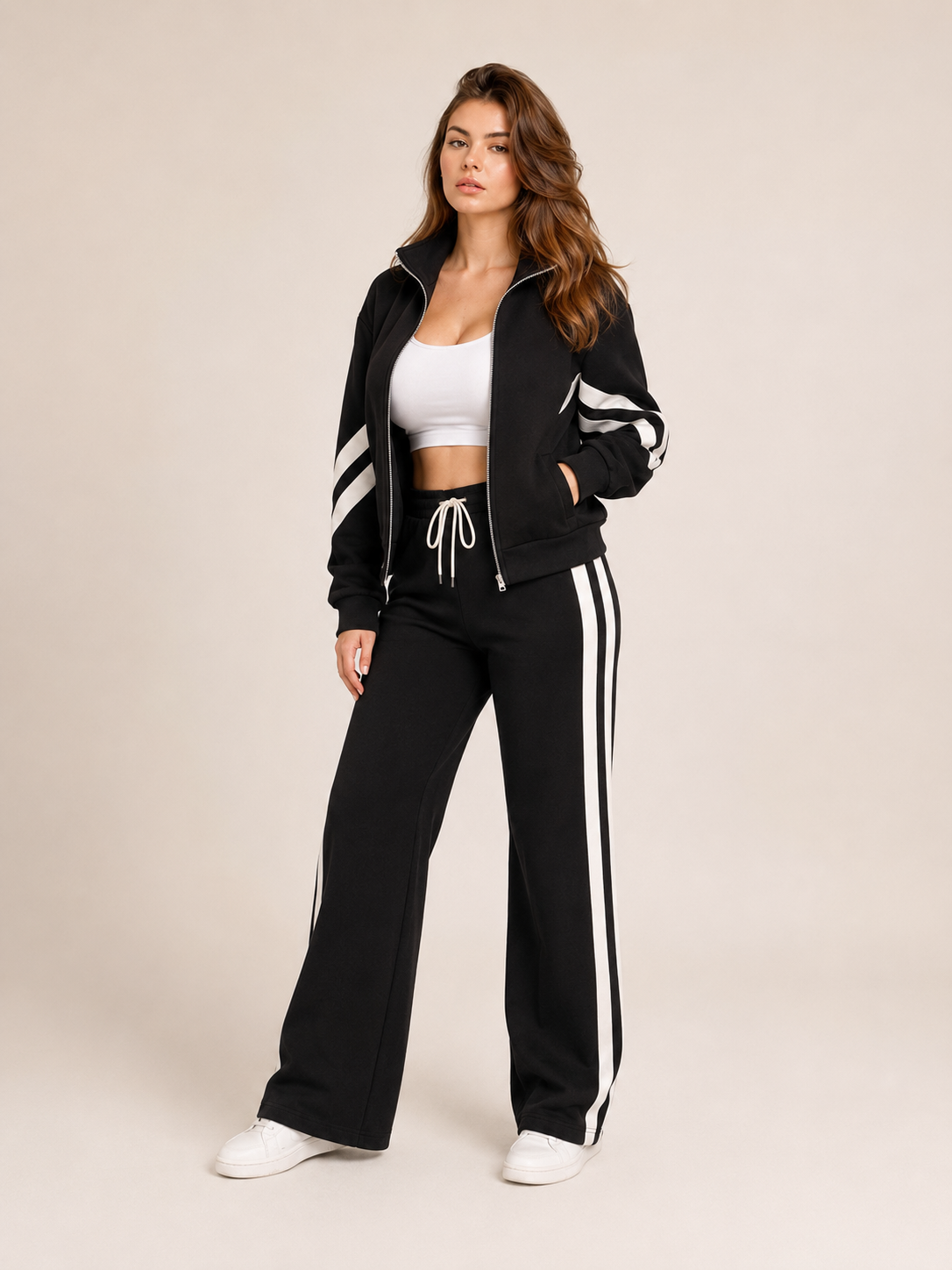 Women's Two-Piece Contrast Stripe Tracksuit Set