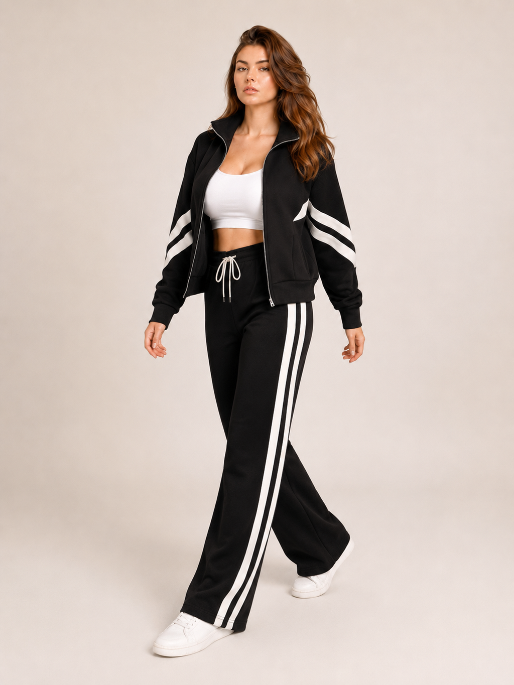 Women's Two-Piece Contrast Stripe Tracksuit Set