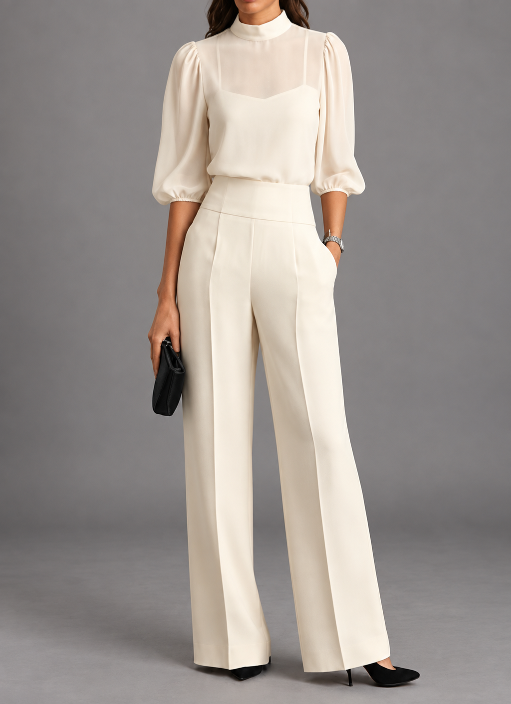 Women's Sheer Puff-Sleeve Blouse & Wide-Leg Pants Set
