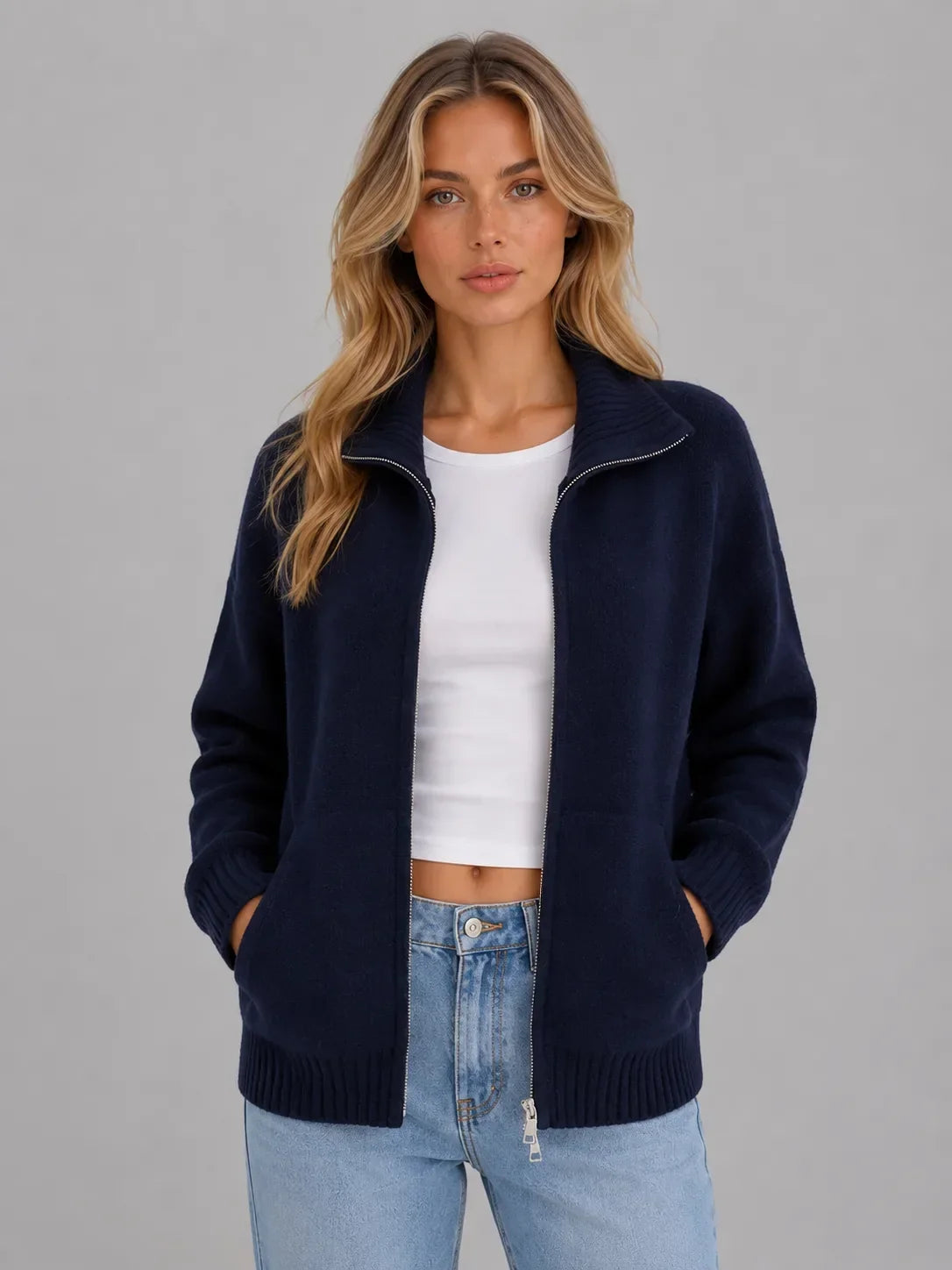 Women's Zip-Up Knit Cardigan with Stand Collar