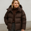 Women's Boxy Hooded Puffer Jacket with Stand Collar