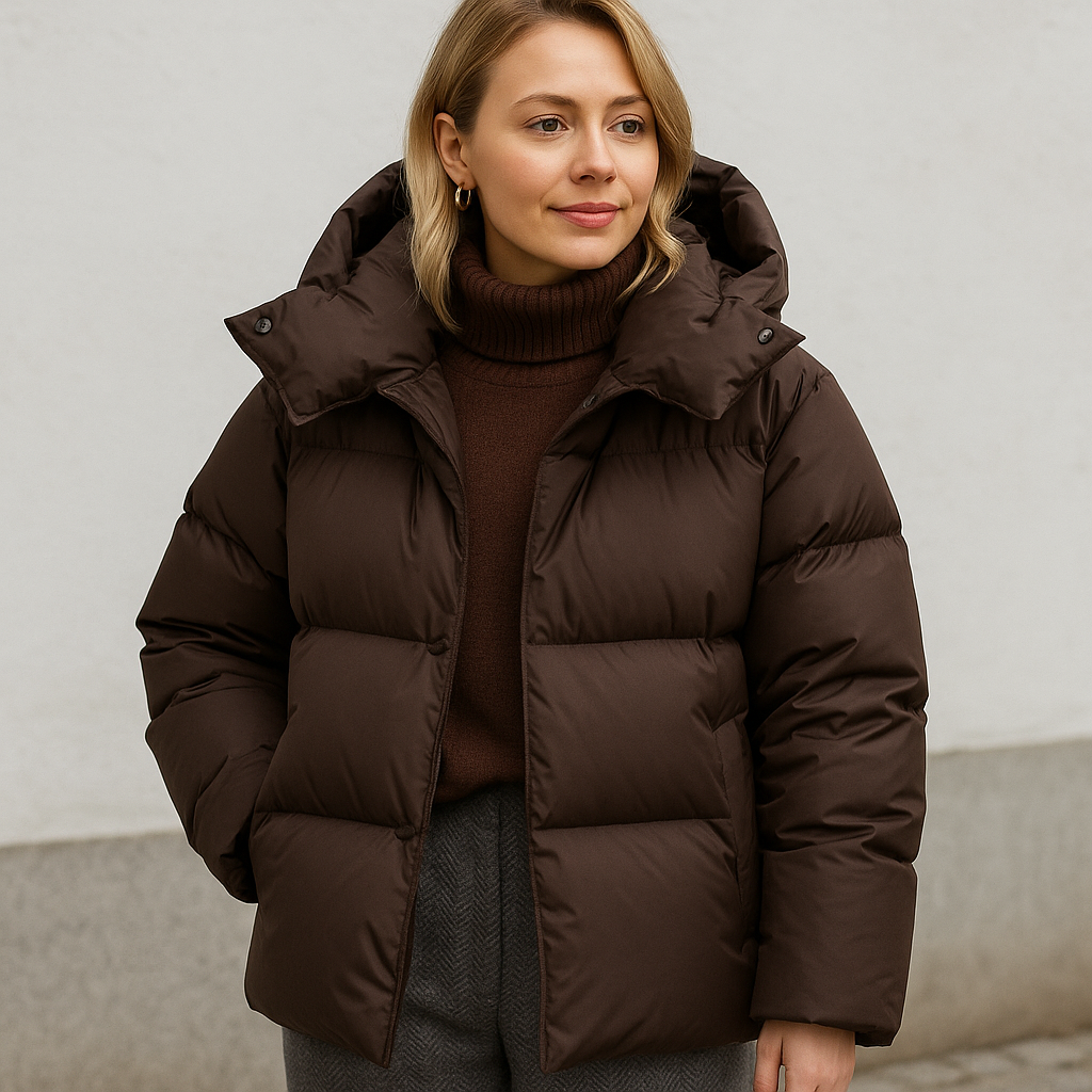 Women's Boxy Hooded Puffer Jacket with Stand Collar