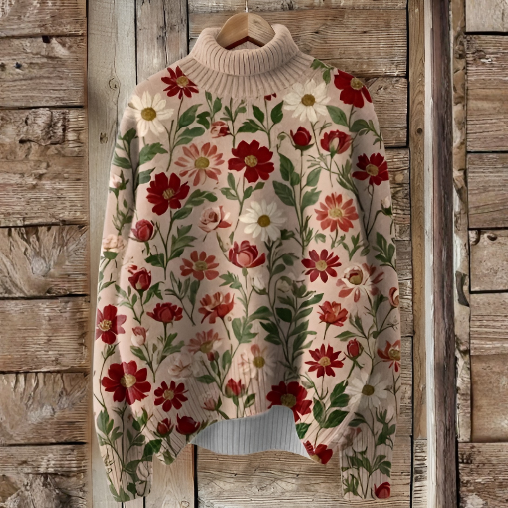 Women's Floral Print Turtleneck Knit Sweater