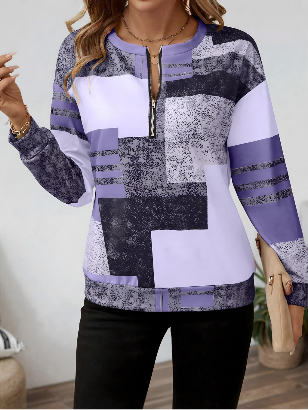 Women's Patchwork Print Quarter-Zip Sweatshirt