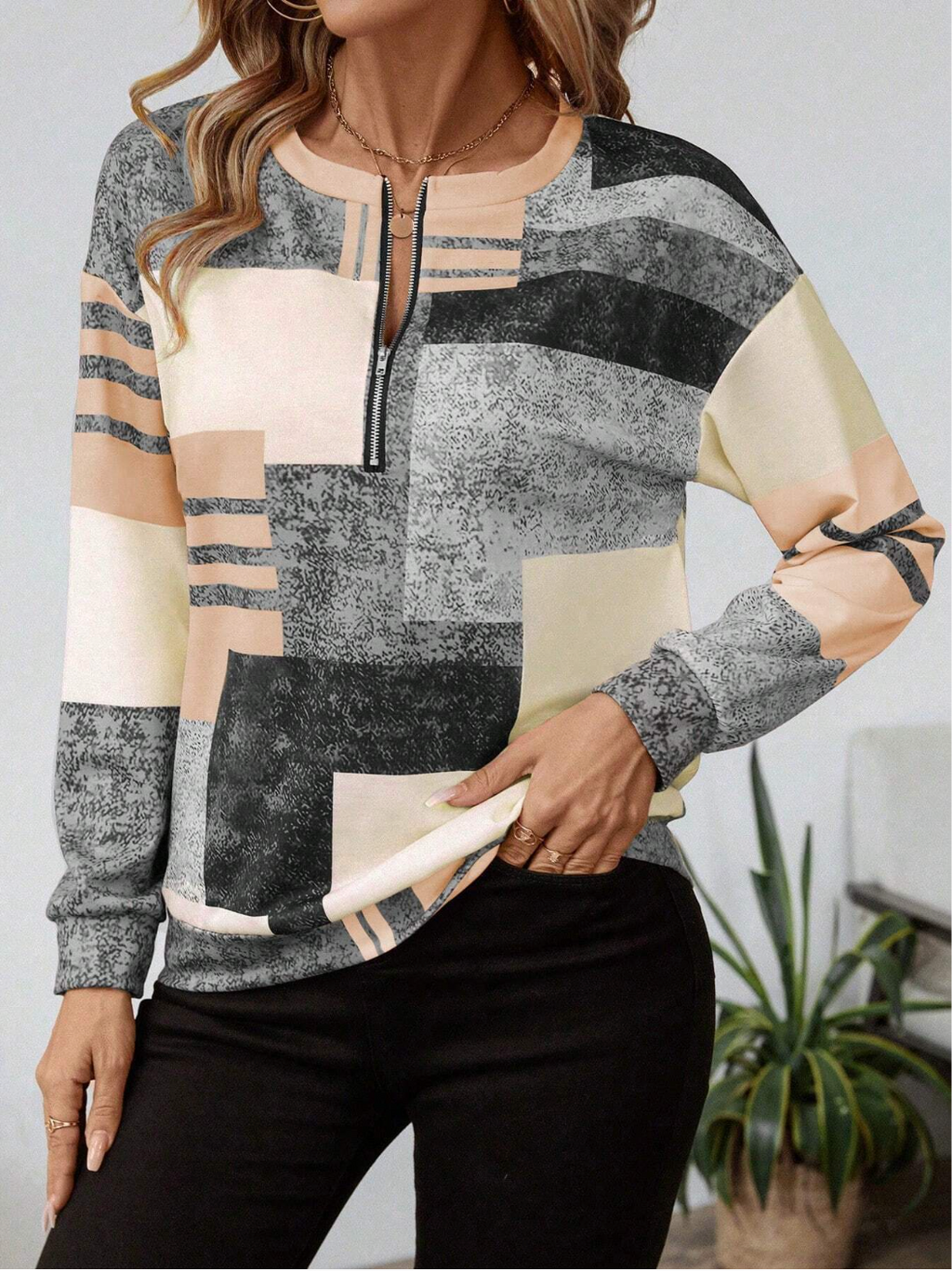 Women's Patchwork Print Quarter-Zip Sweatshirt
