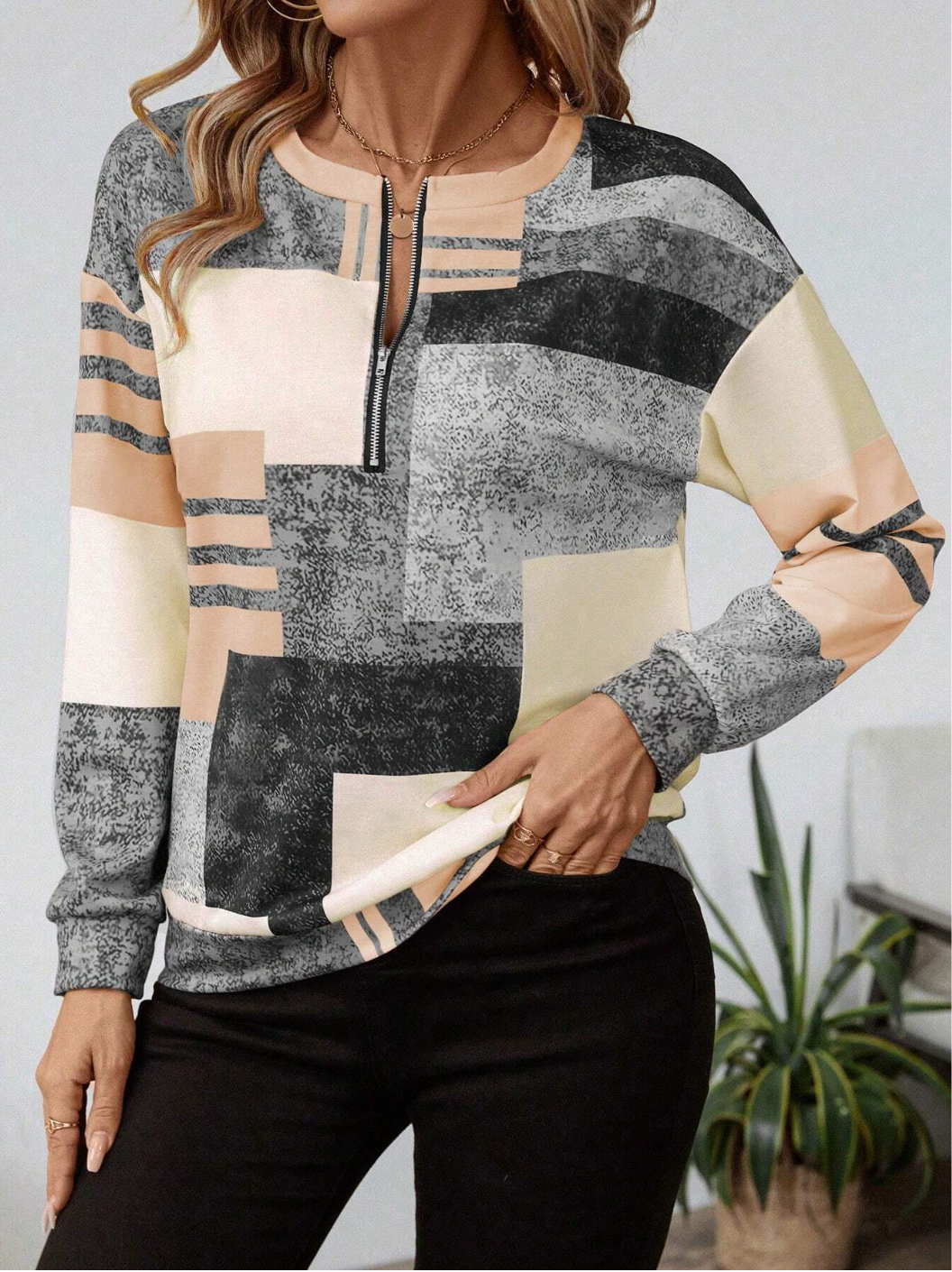 Women's Patchwork Print Quarter-Zip Sweatshirt