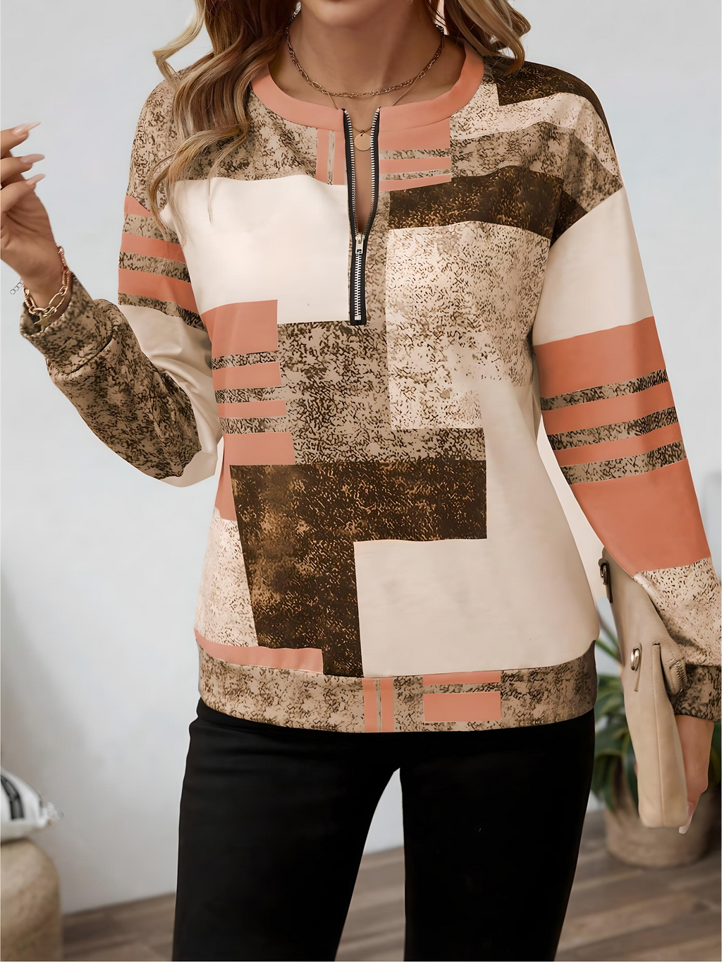 Women's Patchwork Print Quarter-Zip Sweatshirt