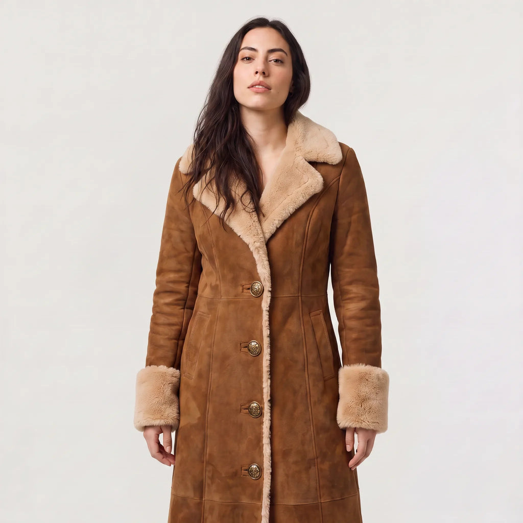 Women's Faux Suede Shearling-Trimmed Maxi Coat