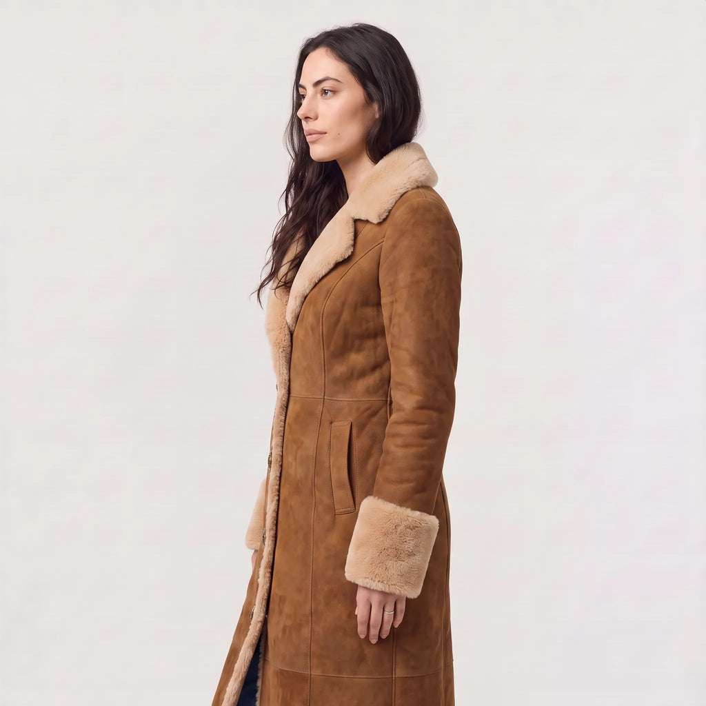 Women's Faux Suede Shearling-Trimmed Maxi Coat