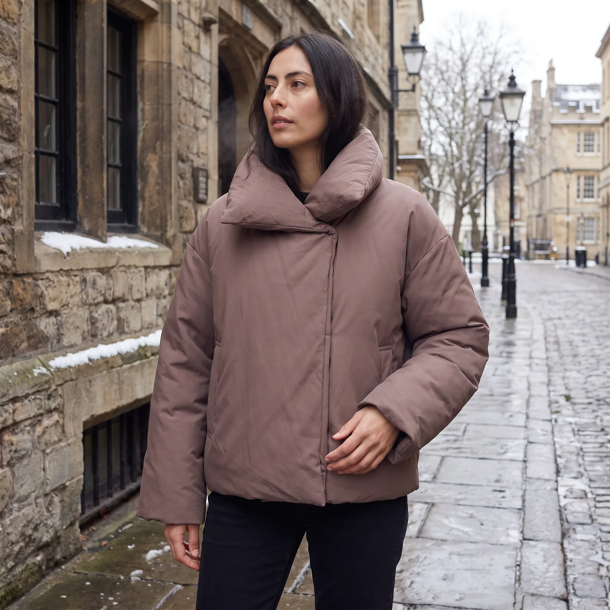 Women's Oversized Cropped Puffer Jacket with Funnel Collar
