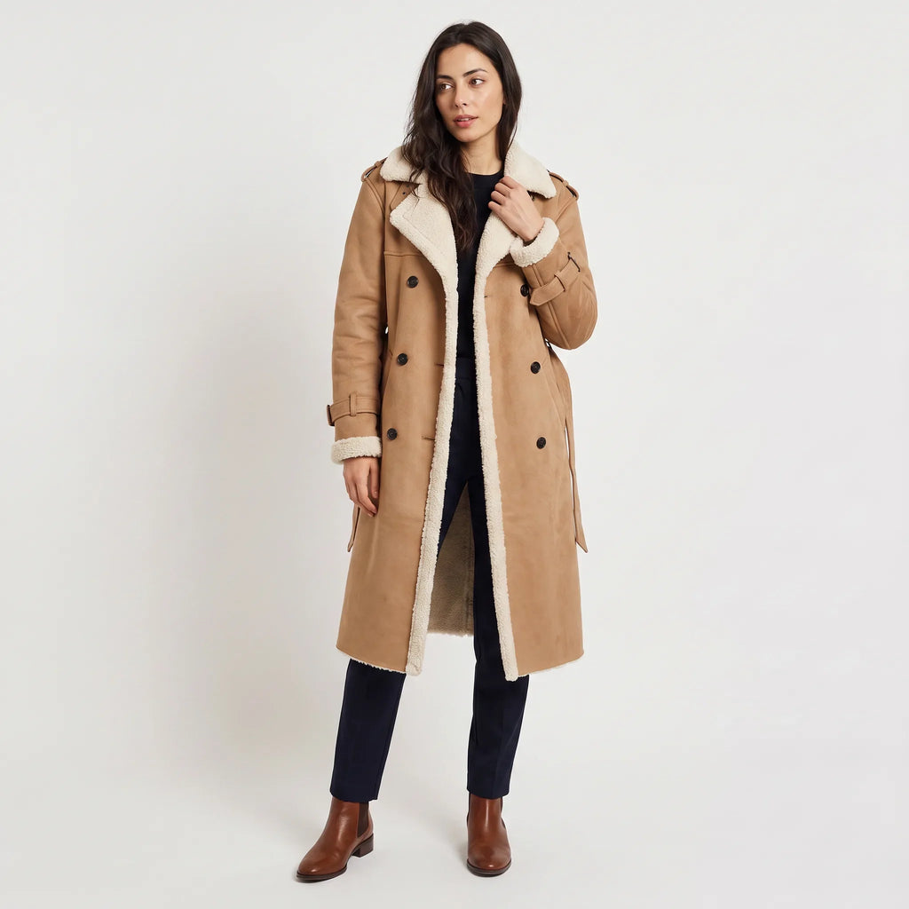 Women's Double-Breasted Faux Suede Shearling Coat