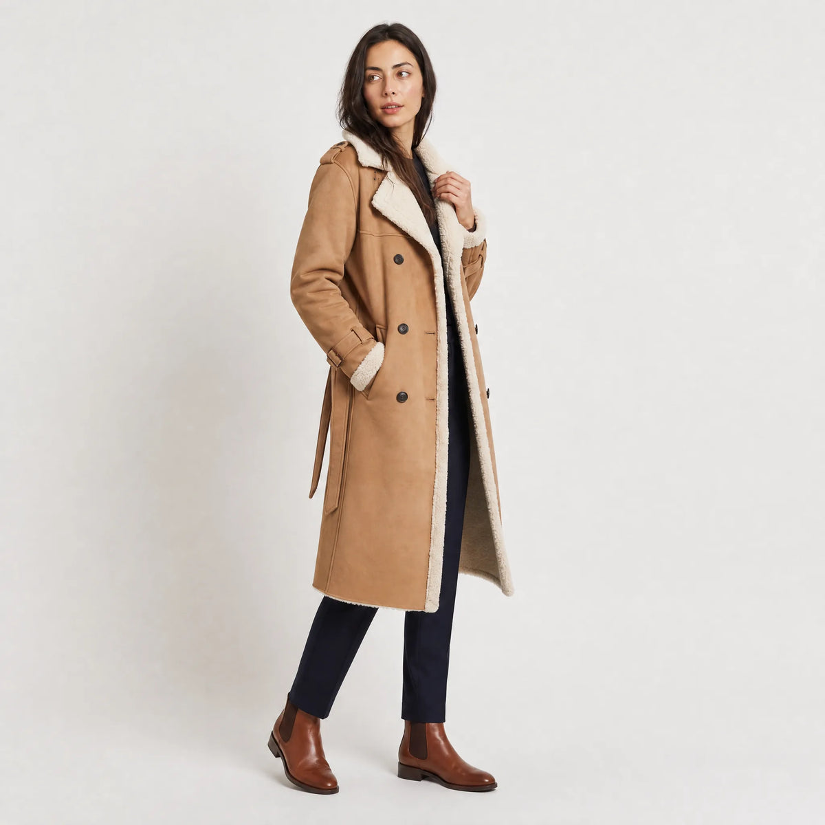 Women's Double-Breasted Faux Suede Shearling Coat