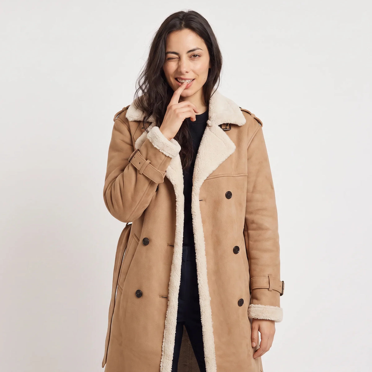 Women's Double-Breasted Faux Suede Shearling Coat