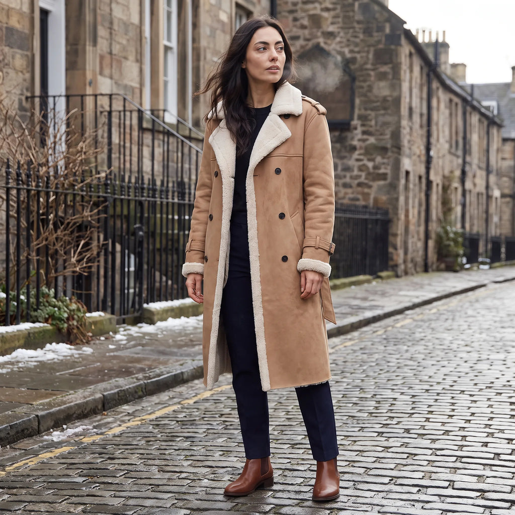 Women's Double-Breasted Faux Suede Shearling Coat