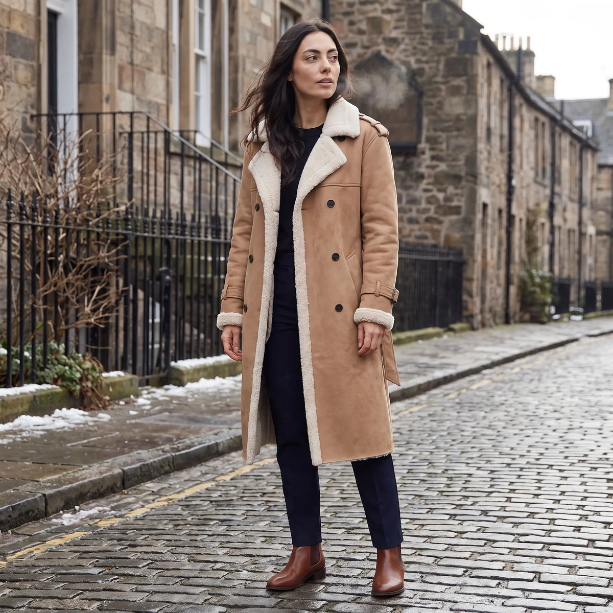 Women's Double-Breasted Faux Suede Shearling Coat