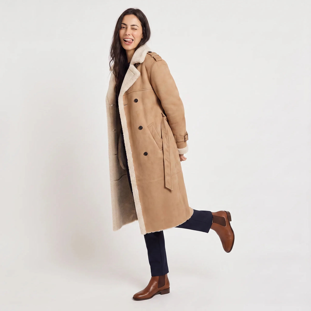 Women's Double-Breasted Faux Suede Shearling Coat