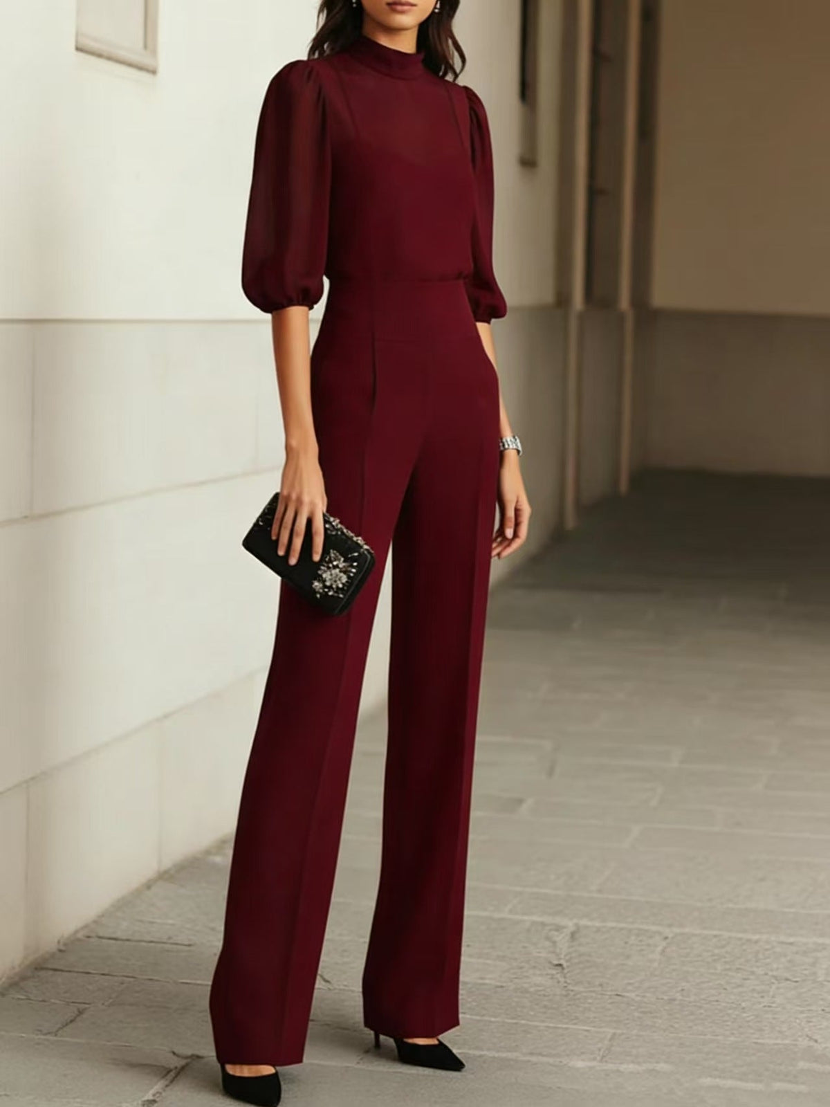Women's Sheer Puff-Sleeve Blouse & Wide-Leg Pants Set
