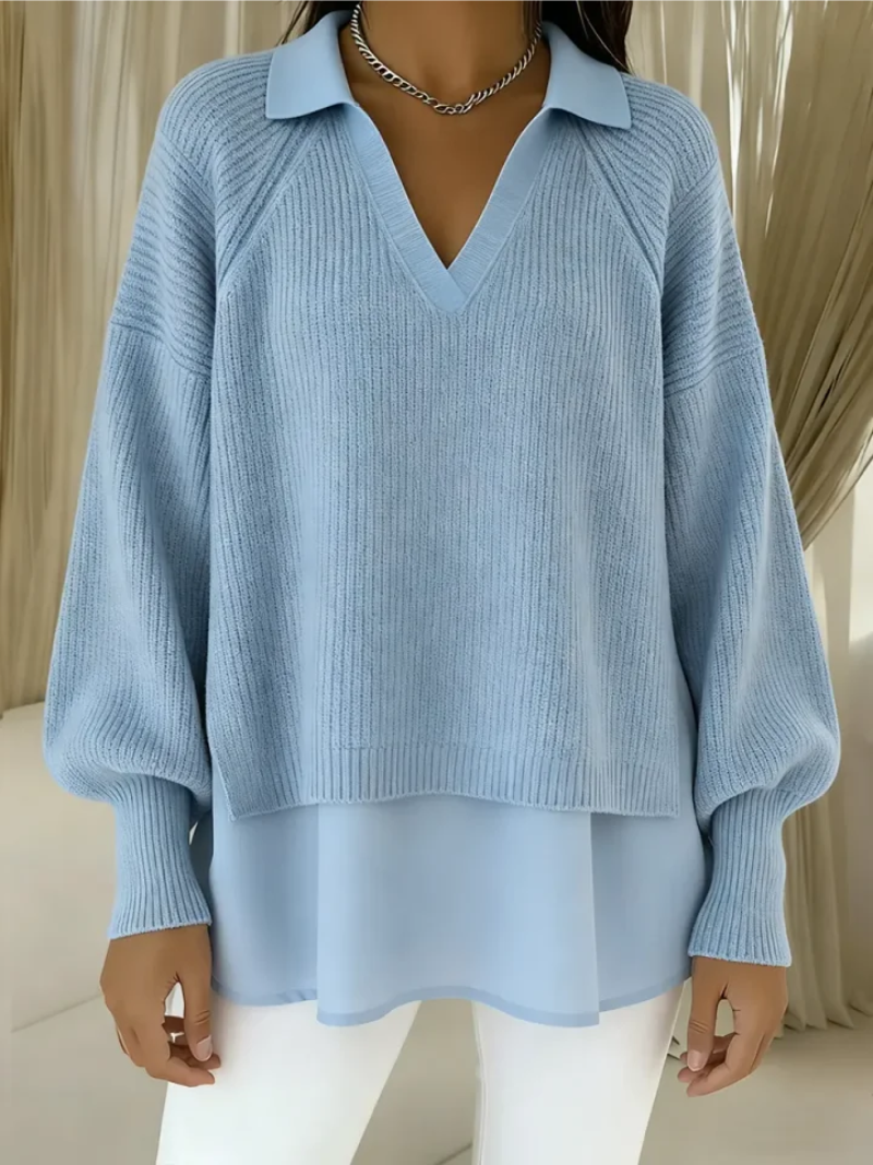 Women's Ribbed Knit Polo Sweater with V-Neck