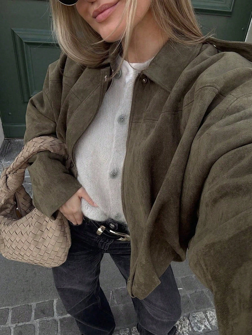 Women's Oversized Faux Suede Bomber Jacket