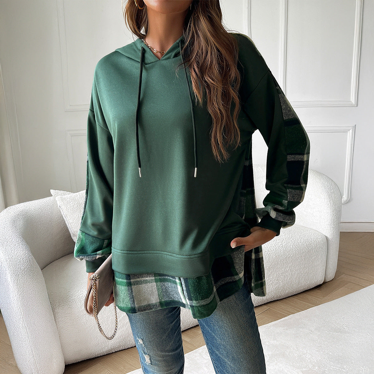 Women's Vintage Plaid Patchwork Hoodie