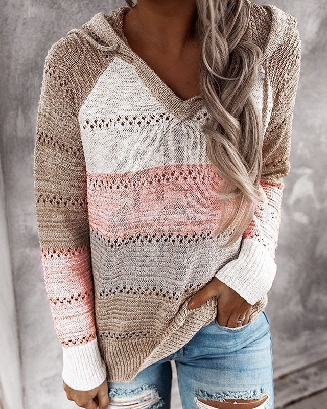 Women's Striped Knit Hooded V-Neck Sweater