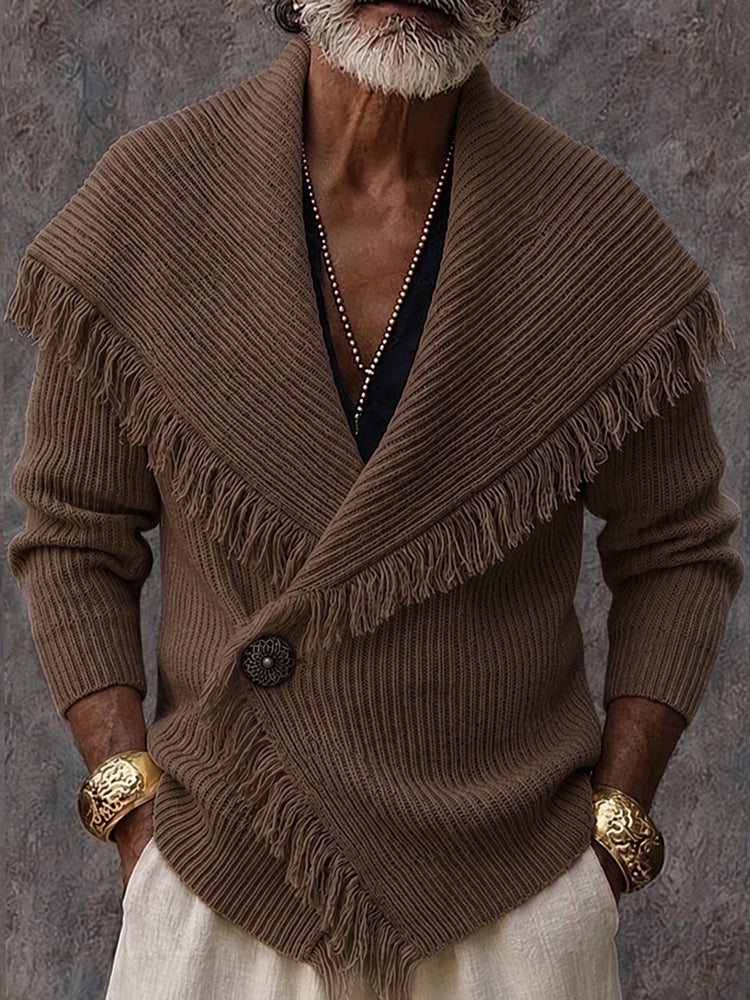 Men's Chunky Knit Shawl Collar Fringe Coat