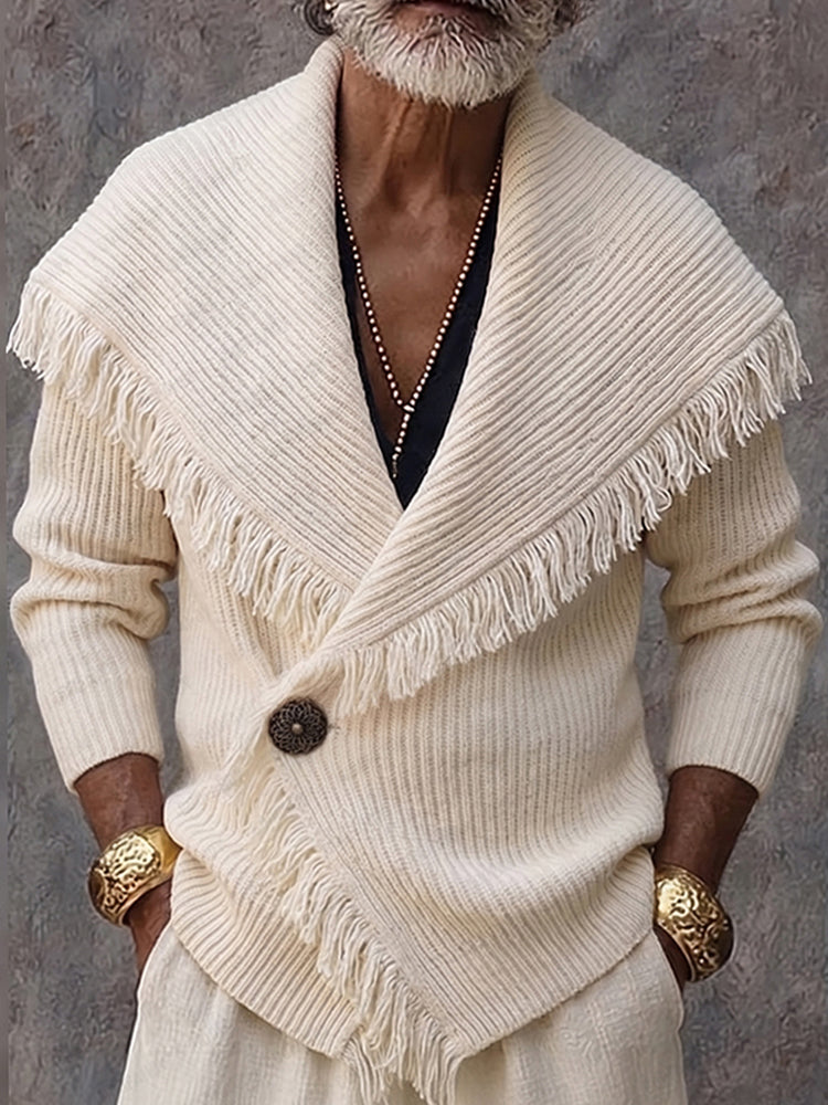 Men's Chunky Knit Shawl Collar Fringe Coat