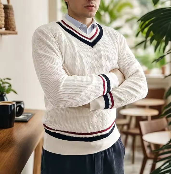 Men's Cable Knit V-Neck Cricket Sweater