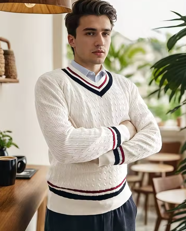 Men's Cable Knit V-Neck Cricket Sweater