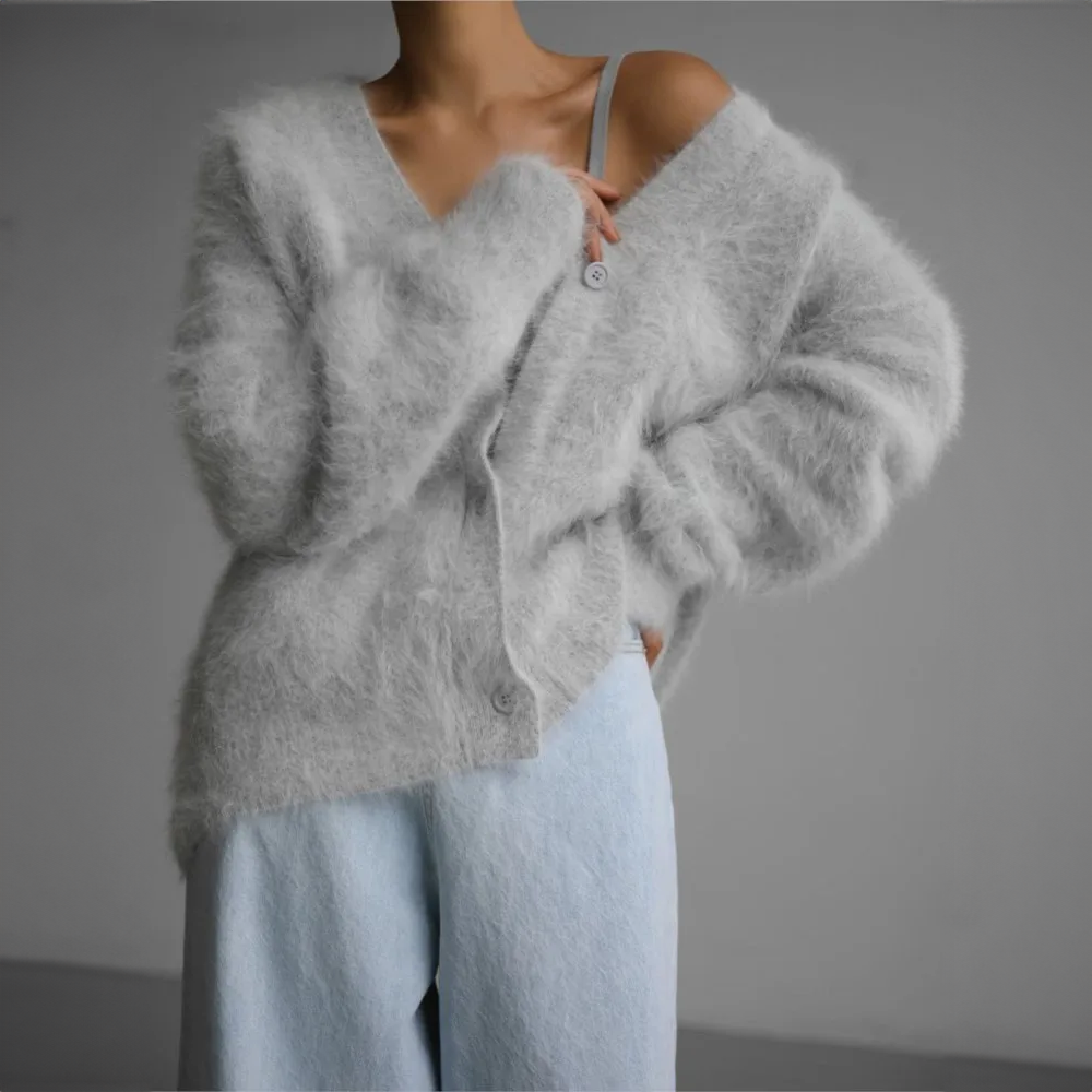 Women's Fuzzy Button-Up Knit Cardigan