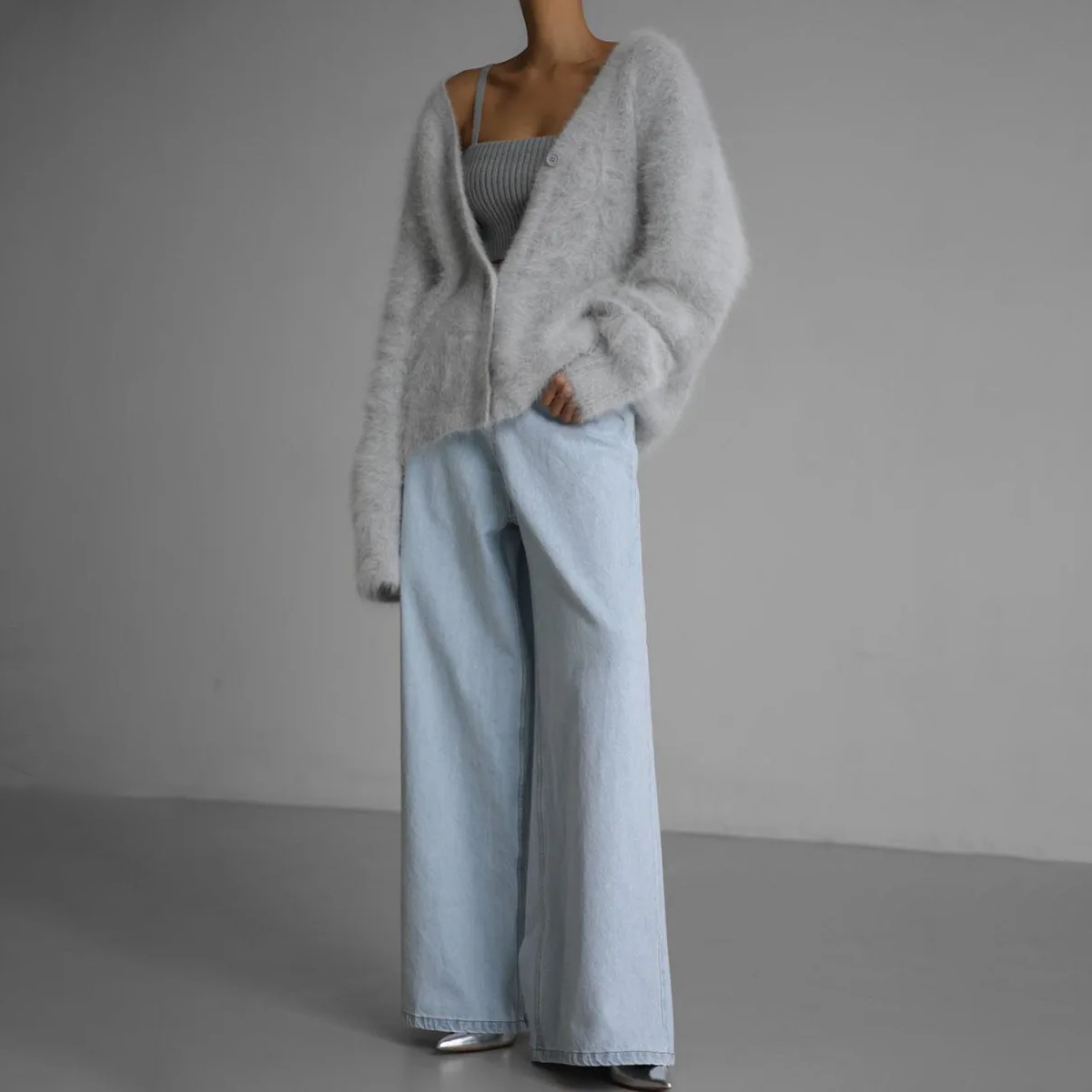 Women's Fuzzy Button-Up Knit Cardigan