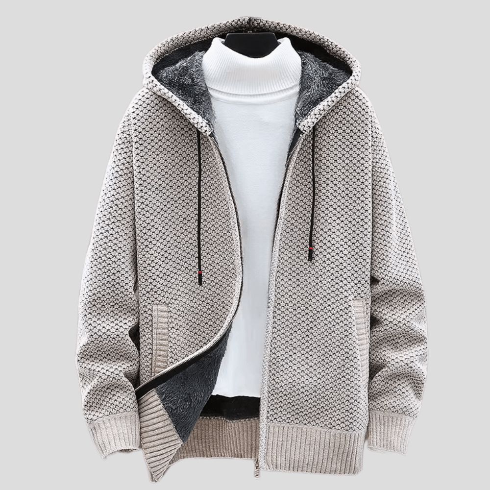 Men's Waffle Knit Fleece-Lined Zip Hooded Cardigan