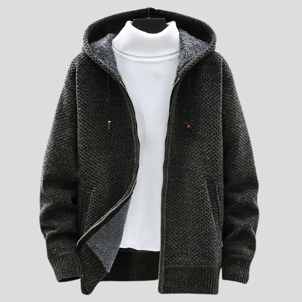 Men's Waffle Knit Fleece-Lined Zip Hooded Cardigan