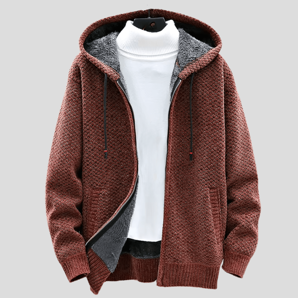 Men's Waffle Knit Fleece-Lined Zip Hooded Cardigan