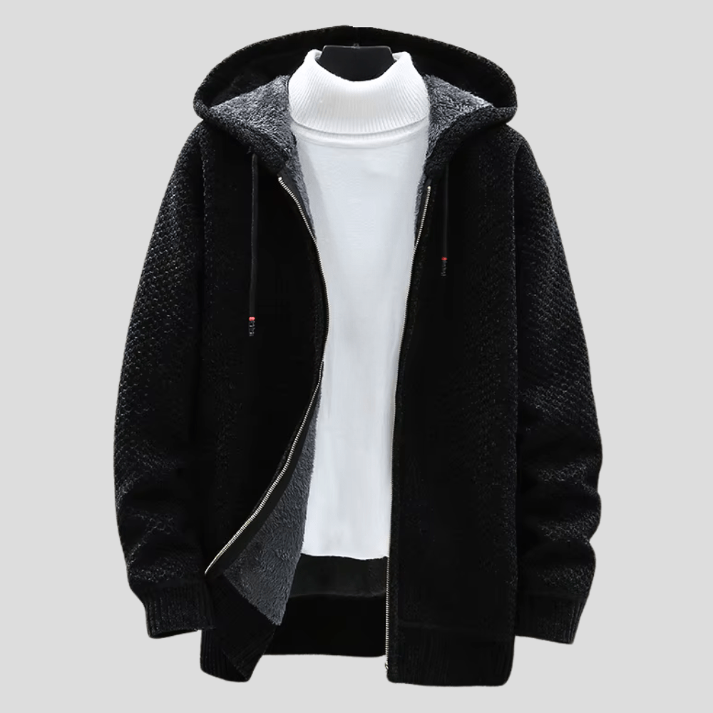 Men's Waffle Knit Fleece-Lined Zip Hooded Cardigan