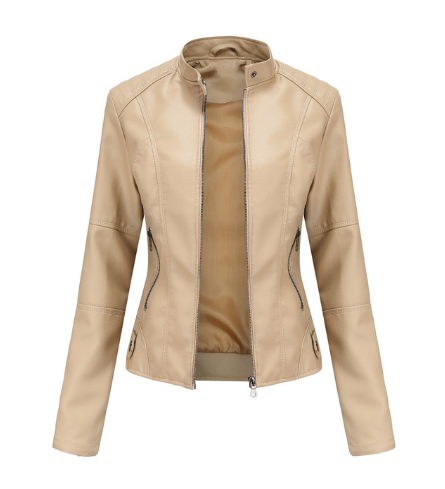 Women's Faux Leather Biker Jacket with Mandarin Collar