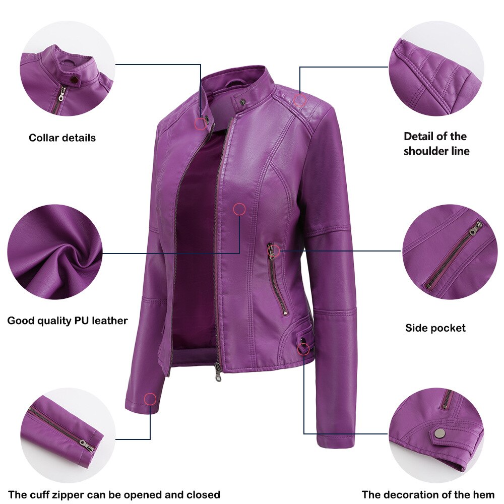 Women's Faux Leather Biker Jacket with Mandarin Collar