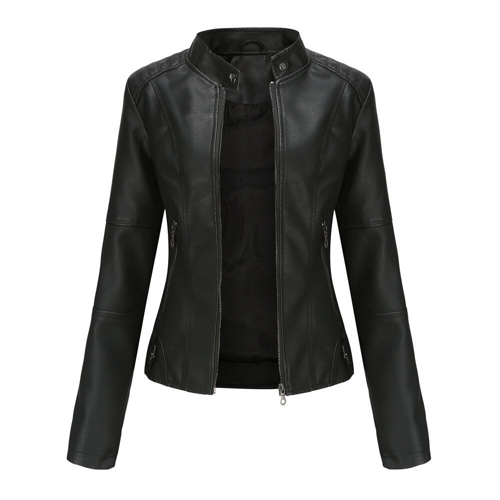 Women's Faux Leather Biker Jacket with Mandarin Collar
