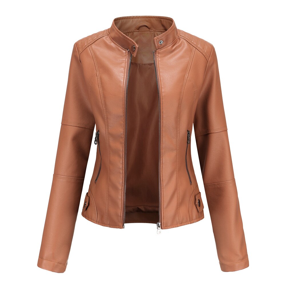 Women's Faux Leather Biker Jacket with Mandarin Collar