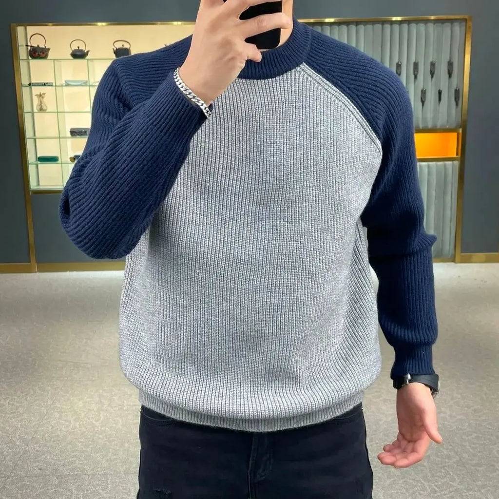 Men's Contrast Raglan Ribbed Knit Crewneck Sweater