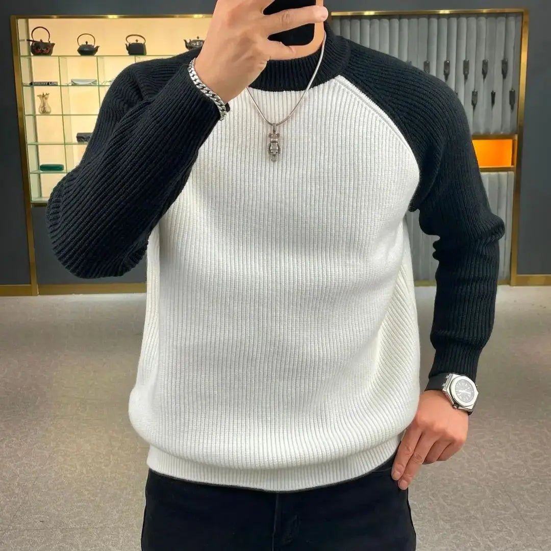 Men's Contrast Raglan Ribbed Knit Crewneck Sweater