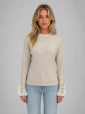 Women's Lace-Trim Crewneck Knit Sweater with Button Cuffs